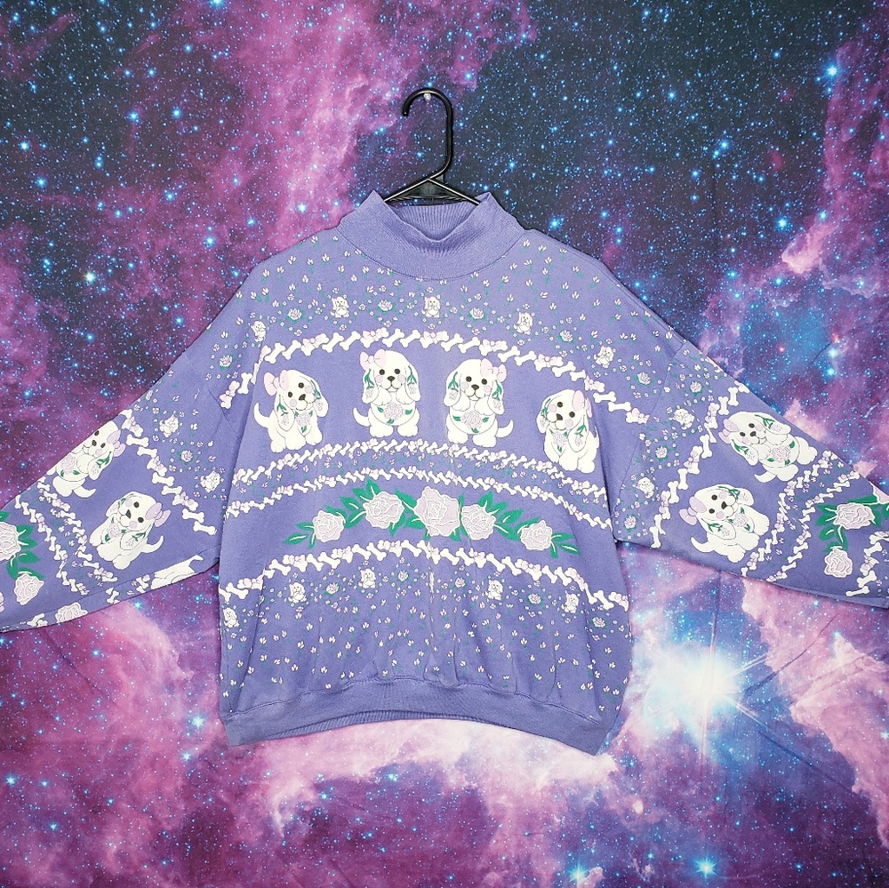 VINTAGE 80s Spumoni Franco Purple Dog Sweater M
